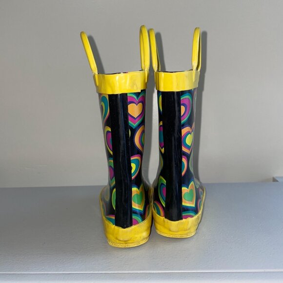 Kids Size 5 Heart Pattern Rain Boots Yellow Handles Soles Rubber Colorful Design - Picture 4 of 6